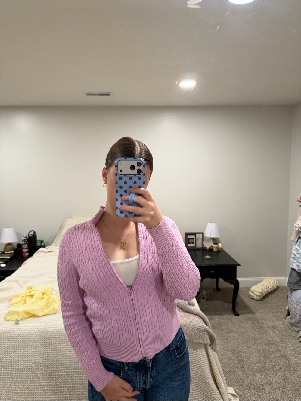 Women’s Pink Cable Knit Zip Cardigan Sweater